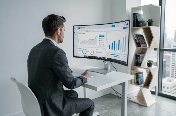 Entrepreneur français analysant des données de croissance d'entreprise sur un écran de bureau dans un bureau minimaliste moderne