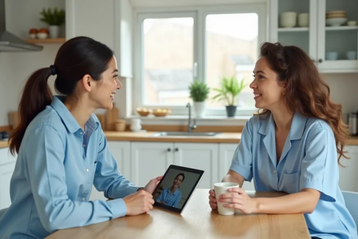 Entretien vidéo entre une mère et une candidate nounou via tablette dans une cuisine moderne