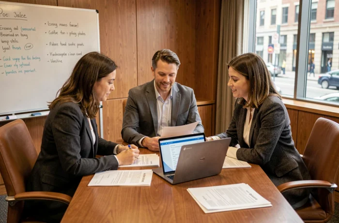 Équipe d'agents municipaux réunis en salle de réunion pour consulter un guide d'accès à un portail de gestion administrative
