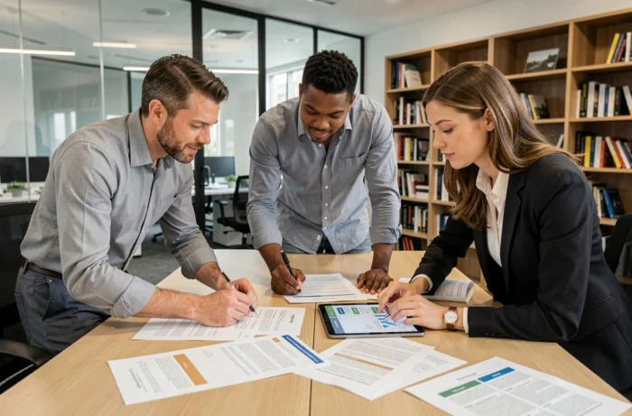Équipe de professionnels collaborant autour de documents administratifs et d'outils numériques de gestion en entreprise