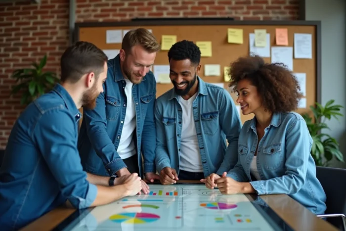 Équipe de professionnels collaborant autour d'une table tactile pour développer des solutions digitales de croissance