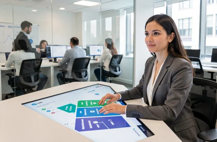 Une cheffe de projet analysant une interface ERP modulaire sur une table tactile dans un bureau technologique moderne