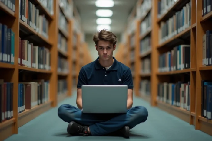 Étudiant en PASS travaillant avec son ordinateur portable dans une bibliothèque universitaire de médecine