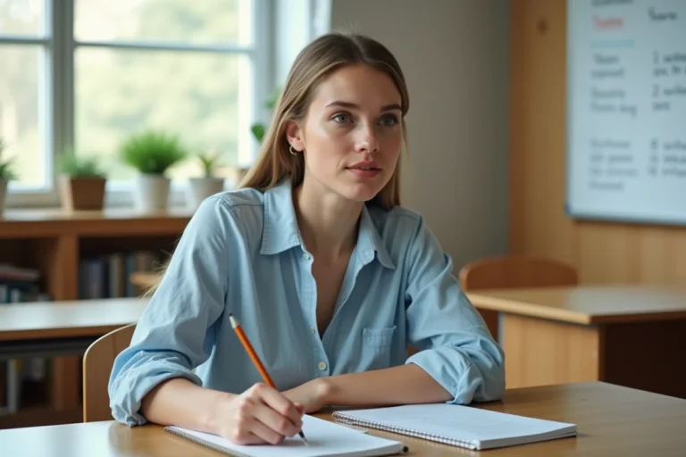 Étudiante prenant des notes dans une salle de cours d'une école de langue lors d'un séjour linguistique à l'étranger
