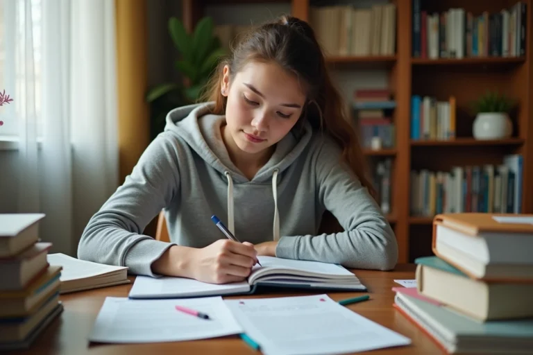 Étudiante en médecine révisant ses cours de PASS avec des manuels d'anatomie et des fiches sur son bureau