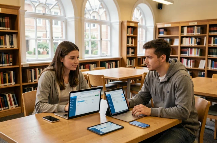 Deux étudiants configurant la boite mail académique de Montpellier sur plusieurs appareils dans une bibliothèque universitaire