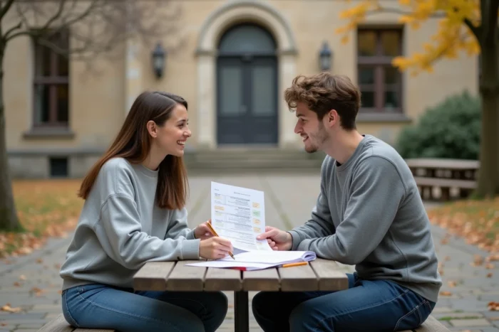 Deux étudiants en PASS révisant ensemble en plein air sur le campus universitaire avec des annales de concours
