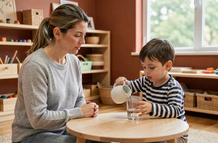 Éducatrice observant un enfant s'exercer à verser de l'eau dans un verre dans une salle de classe Montessori