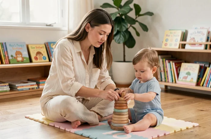 Jeune femme et tout-petit jouant avec des anneaux en bois colorés sur un tapis de jeu dans un salon chaleureux
