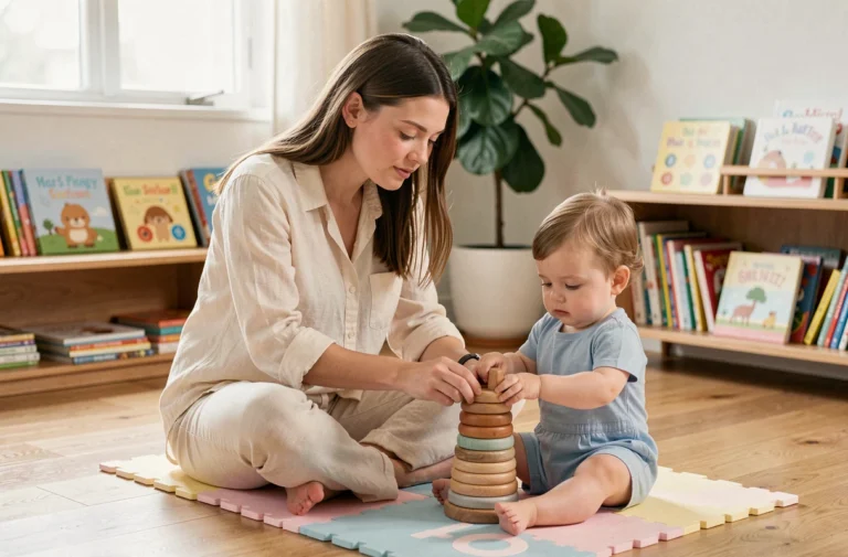 Jeune femme et tout-petit jouant avec des anneaux en bois colorés sur un tapis de jeu dans un salon chaleureux