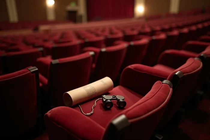 Fauteuils en velours rouge d'orchestre avec programme et jumelles de théâtre posés sur les accoudoirs