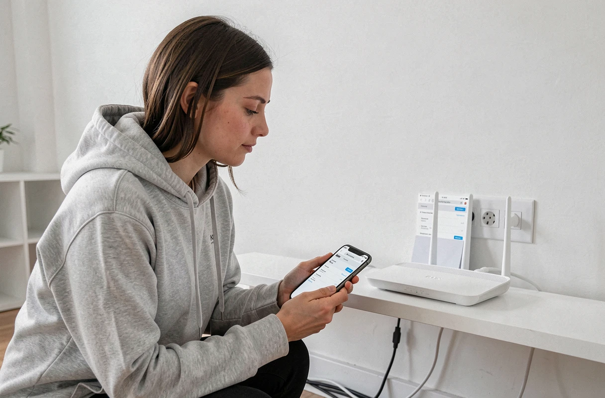 Femme accédant aux paramètres de son routeur Wi-Fi via smartphone dans un salon moderne