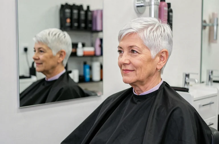 Femme âgée aux cheveux courts argentés dans un salon de coiffure moderne, regardant son reflet après une coupe pixie réussie