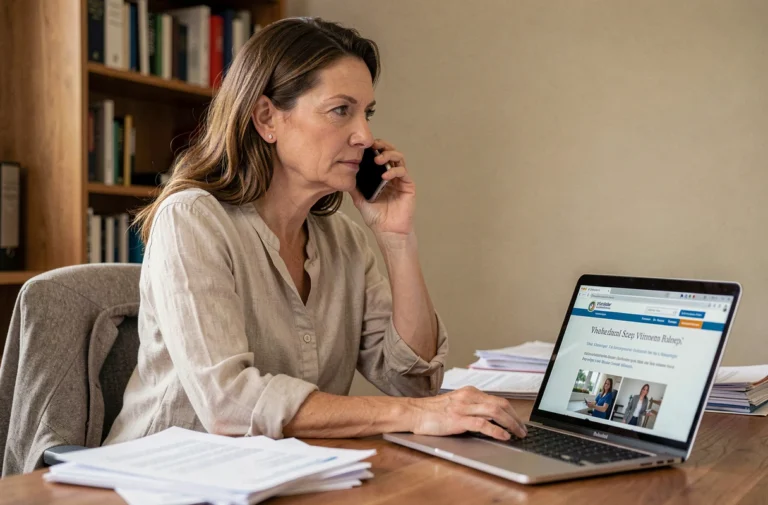 Femme appelant l'ANTS par téléphone depuis son bureau à domicile avec des documents administratifs