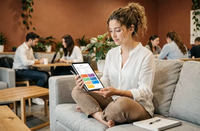Jeune femme consultant une application de productivité sur une tablette dans un espace de coworking décontracté