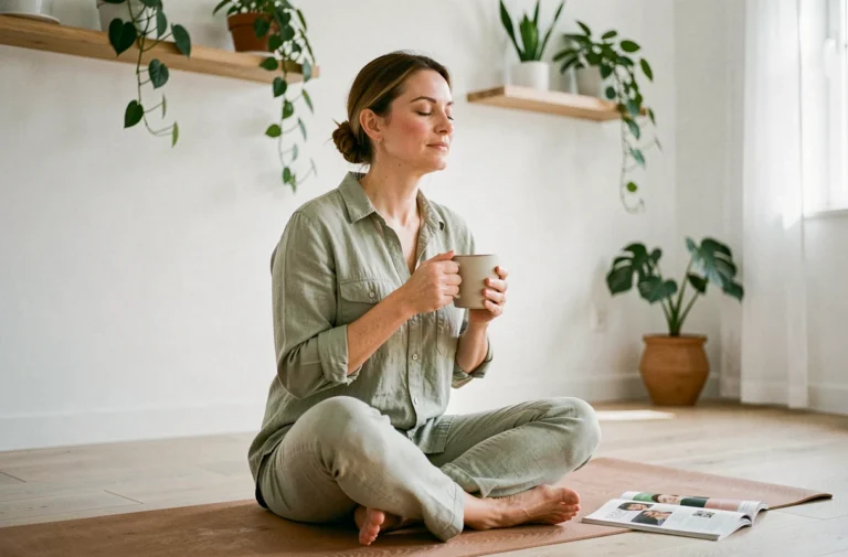 Femme pratiquant la pleine conscience chez elle avec une tasse de tisane dans un intérieur minimaliste naturel