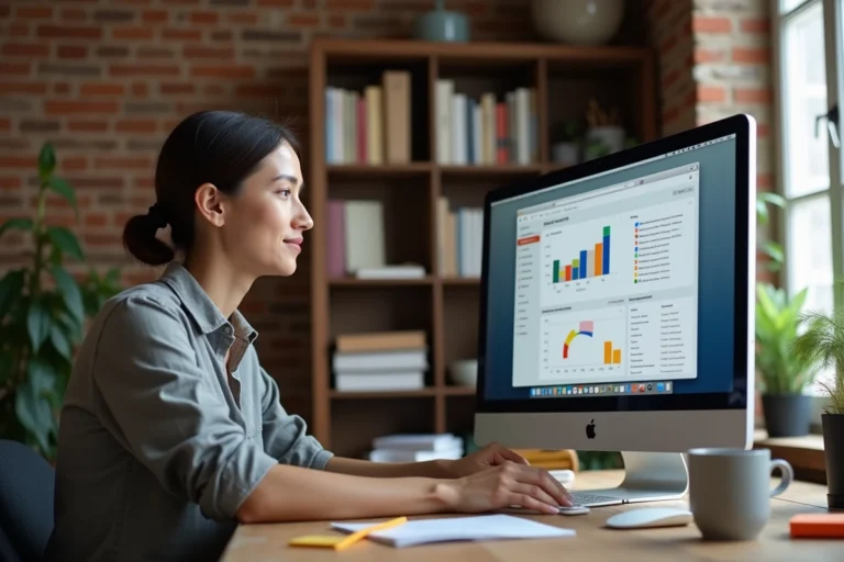 Femme travaillant sur un tableau de bord web avec des ressources en ligne dans un bureau moderne et chaleureux