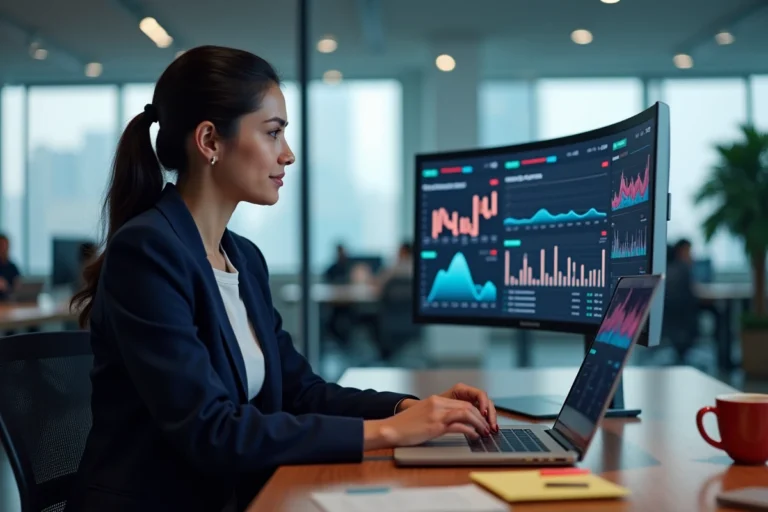 Femme professionnelle consultant des actualités numériques sur un écran ultrawide dans un bureau tech moderne