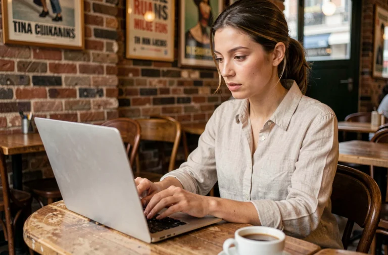 Femme utilisant un laptop dans un café parisien pour naviguer sur le plan du site Paris Blogged