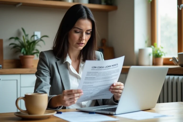 Femme comparant des offres de crédit à la consommation sur ordinateur portable avec des documents imprimés sur une table en bois