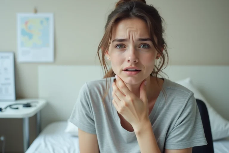 Jeune femme se tenant la gorge douloureuse lors d'une consultation médicale pour une angine