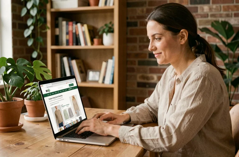 Femme consultant le site lamodeethique.com sur un ordinateur portable dans un bureau à domicile cosy