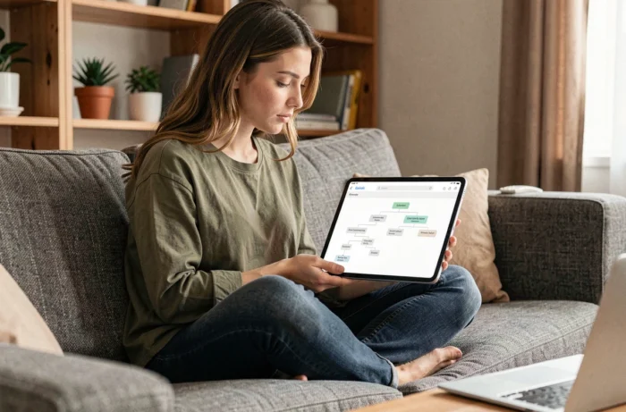 Jeune femme consultant un plan de site numérique sur une tablette dans un espace de travail à domicile cosy