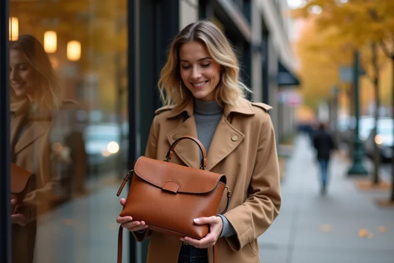 Femme élégante tenant un sac à main en cuir cognac devant une vitrine de boutique en automne