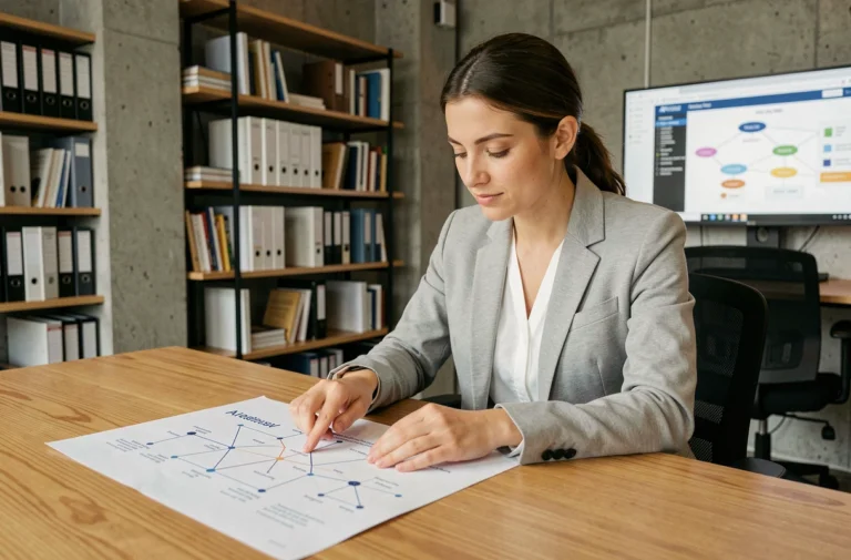 Femme en blazer gris étudiant un plan de site imprimé sur un bureau en bois dans un bureau moderne