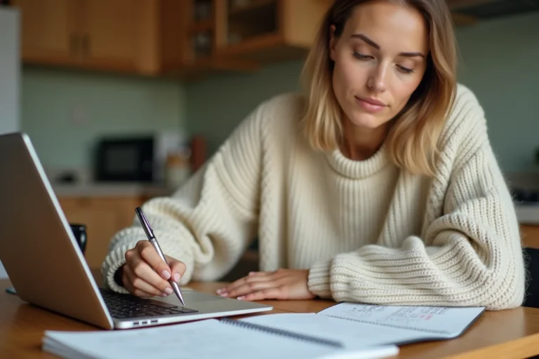Femme gérant son budget personnel sur un ordinateur portable avec un carnet de notes à la table de cuisine