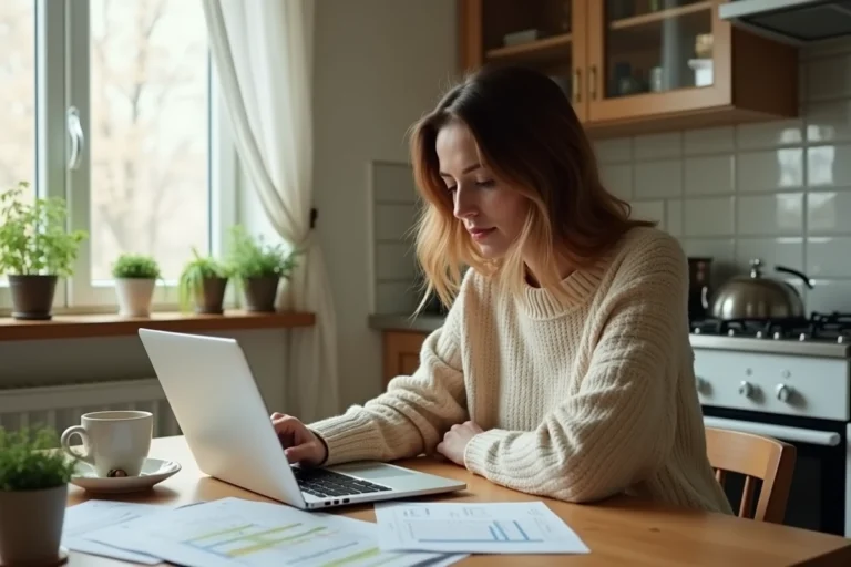 Femme consultant son budget personnel avec des documents et un ordinateur portable dans une cuisine moderne