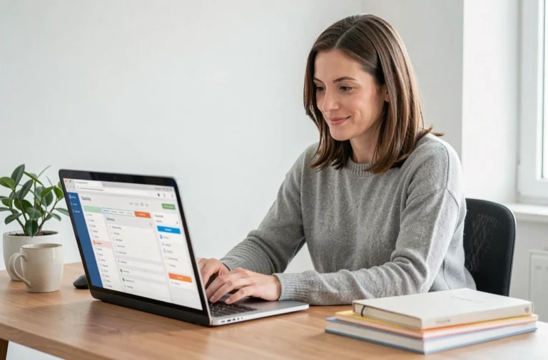 Femme utilisant un logiciel de gestion des tâches sur un ordinateur portable dans un bureau à domicile organisé