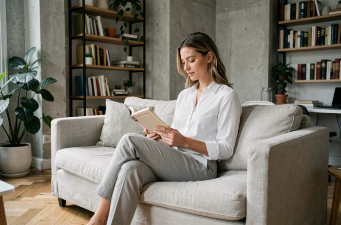 Femme lisant tranquillement dans un appartement parisien moderne, représentant l'intimité et la vie privée personnelle