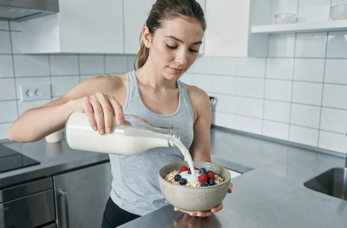 Femme versant du lait entier sur un bol de céréales pour un petit-déjeuner riche en protéines