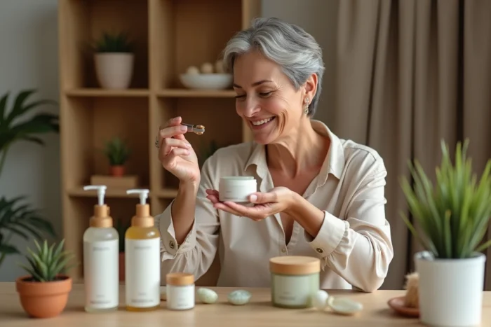 Femme mature explorant des produits cosmétiques tendance sur une coiffeuse en bois dans un espace dressing élégant