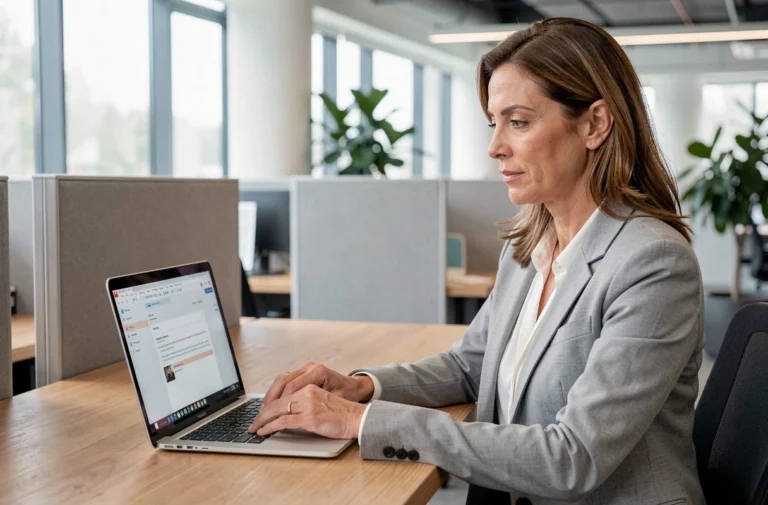 Femme professionnelle accédant à sa messagerie professionnelle en ligne sur un ordinateur portable au bureau