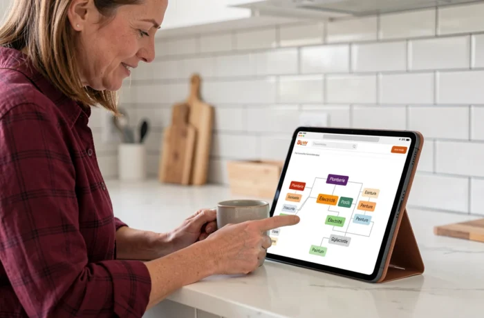 Femme naviguant sur un sitemap de site bricolage via une tablette dans une cuisine moderne