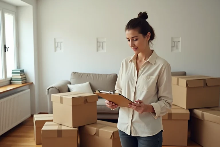 Femme organisant son déménagement avec une liste de contrôle dans un salon entouré de cartons emballés