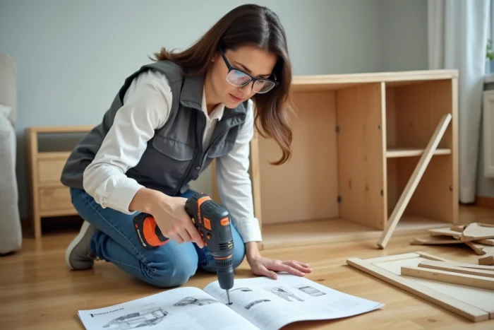 Femme utilisant une perceuse sans fil pour assembler un meuble en kit dans un salon moderne