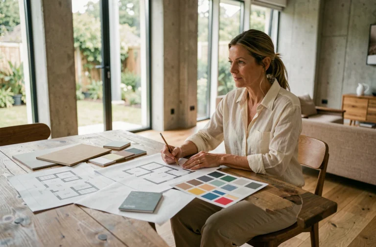 Femme assise à une table en bois avec des plans architecturaux et des échantillons de matériaux pour concevoir sa maison de rêve