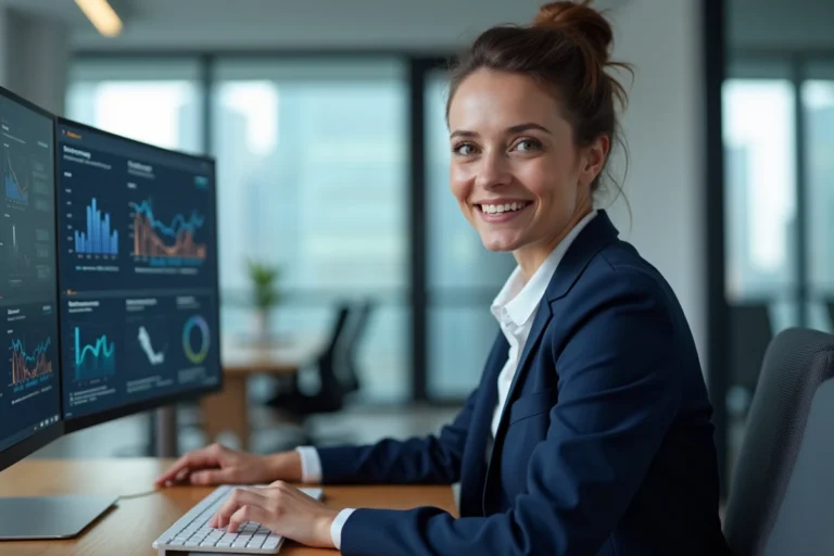Femme professionnelle analysant des tableaux de bord digitaux sur ordinateur pour booster la croissance de son entreprise