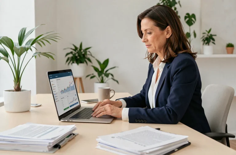 Femme professionnelle gérant des tâches administratives sur un logiciel de gestion comme Govioz dans un bureau moderne