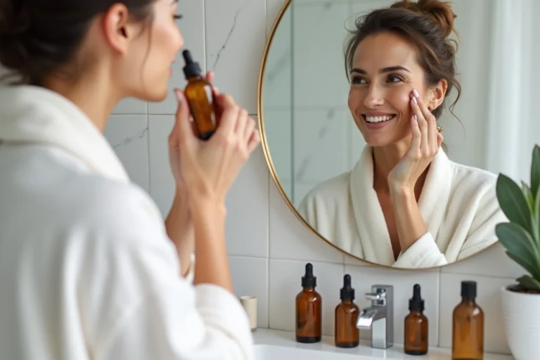Femme appliquant un sérum sur sa peau dans une salle de bain moderne avec des produits cosmétiques soigneusement disposés