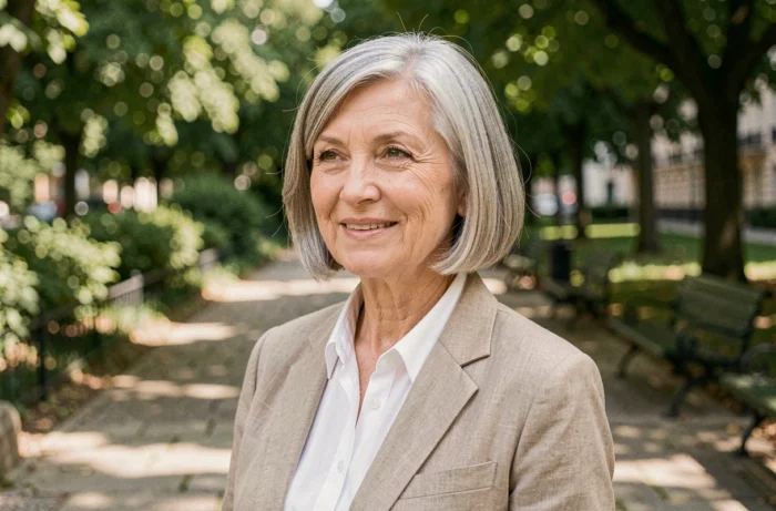 Femme senior souriante avec une coupe courte grise en extérieur dans un parc, portant un blazer beige élégant