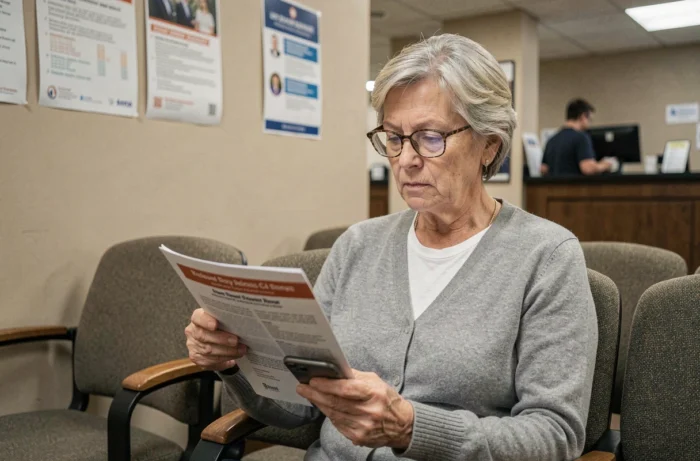Femme senior en salle d'attente administrative consultant un guide pour appeler l'ANTS gratuitement