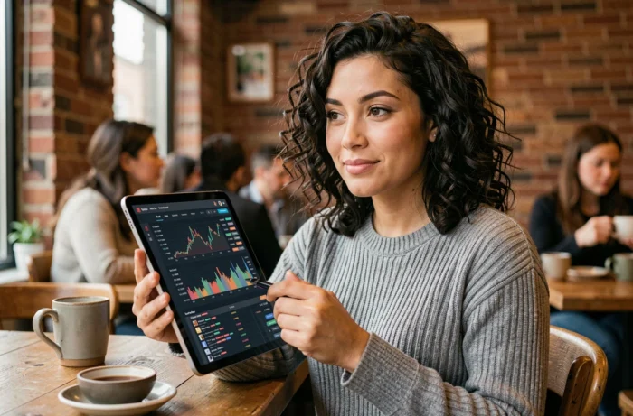Femme utilisant une tablette pour gérer un portefeuille de crypto-monnaies dans un café urbain moderne