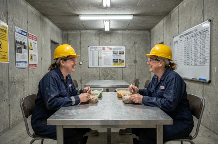Deux femmes mineurs en pause repas dans la salle de repos d'un site minier en Australie