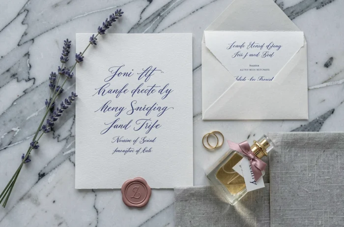 Flat lay mariage élégant avec faire-part calligraphié, alliances dorées, cachet de cire rose et lavande séchée sur marbre blanc