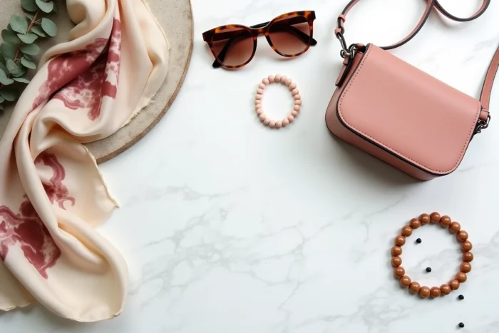 Flatlay d'accessoires de mode tendance incluant foulard en soie, lunettes écailles et sac bandoulière rose