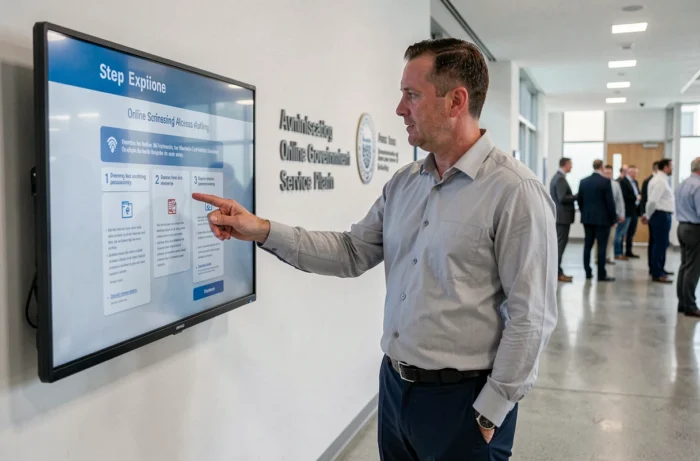Fonctionnaire expliquant les étapes d'accès à une plateforme de gestion administrative sur un écran interactif dans un hall d'accueil public